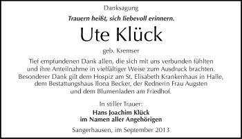 Traueranzeige von Ute Klück von Mitteldeutsche Zeitung Sangerhausen