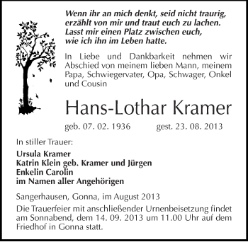Traueranzeige von Hans-Lothar Kramer von Mitteldeutsche Zeitung Sangerhausen