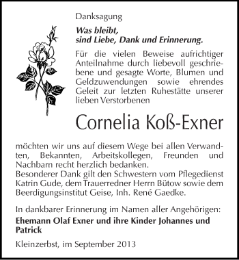 Traueranzeige von Cornelia Koß-Exner von Mitteldeutsche Zeitung Köthen