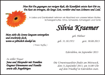 Traueranzeige von Silvia Kraemer von Mitteldeutsche Zeitung Sangerhausen