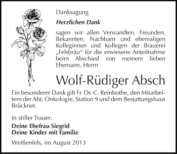 Traueranzeige von Wolf-Rüdiger Absch von Mitteldeutsche Zeitung Weißenfels