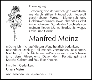 Traueranzeige von Manfred Meinz von Mitteldeutsche Zeitung Aschersleben