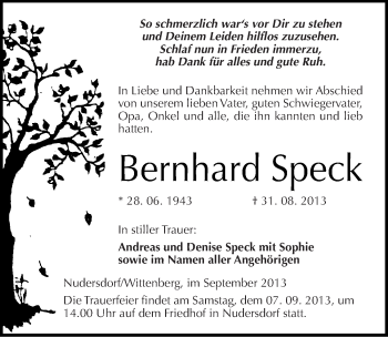 Traueranzeige von Bernhard Speck von Mitteldeutsche Zeitung Wittenberg