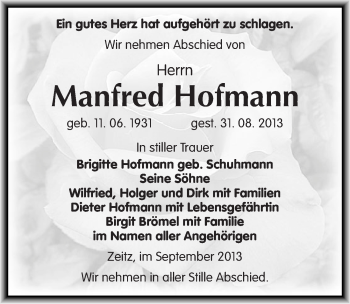 Traueranzeige von Manfred Hofmann von Mitteldeutsche Zeitung Zeitz