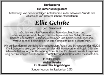 Traueranzeige von Elke Gehrke von Mitteldeutsche Zeitung Sangerhausen