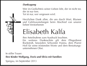 Traueranzeige von Elisabeth Kalfa von Mitteldeutsche Zeitung Merseburg/Querfurt