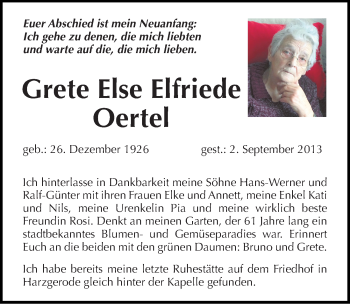 Traueranzeige von Grete Else Elfriede Oertel von Mitteldeutsche Zeitung Quedlinburg