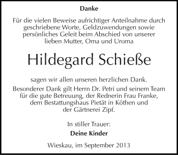 Traueranzeige von Hildegard Schieße von Mitteldeutsche Zeitung Köthen