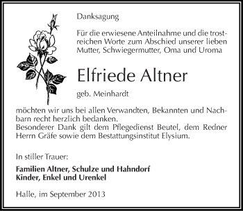 Traueranzeige von Elfriede Altner von Mitteldeutsche Zeitung Halle/Saalkreis