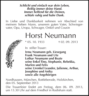 Traueranzeige von Horst Neumann von Mitteldeutsche Zeitung Sangerhausen