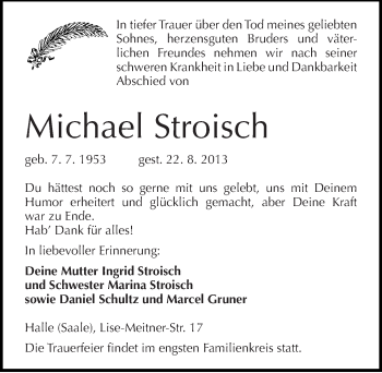 Traueranzeige von Michael Stroisch von Mitteldeutsche Zeitung Halle/Saalkreis