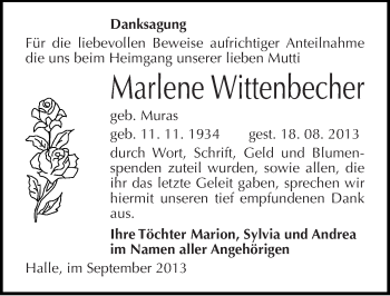 Traueranzeige von Marlene Wittenbecher von Mitteldeutsche Zeitung Halle/Saalkreis