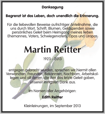 Traueranzeige von Martin Reitter von Mitteldeutsche Zeitung Sangerhausen