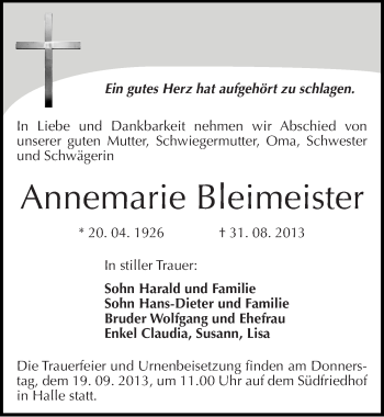 Traueranzeige von Annemarie Bleimeister von Mitteldeutsche Zeitung Halle/Saalkreis