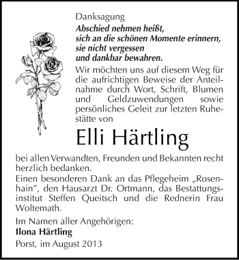 Traueranzeige von Elli Härtling von Mitteldeutsche Zeitung Köthen