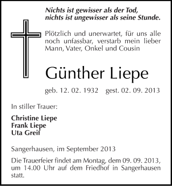 Traueranzeige von Günther Liepe von Mitteldeutsche Zeitung Sangerhausen