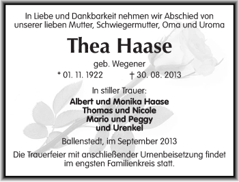 Traueranzeige von Thea Haase von Mitteldeutsche Zeitung Quedlinburg