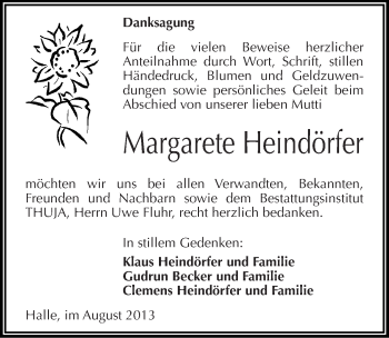 Traueranzeige von Margarete Heindörfer von Mitteldeutsche Zeitung Halle/Saalkreis