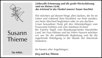 Traueranzeige von Susann Thieme von Mitteldeutsche Zeitung Mansfelder Land