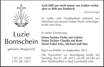 Traueranzeige von Luzie Bornschein von Mitteldeutsche Zeitung Merseburg/Querfurt