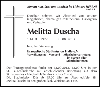 Traueranzeige von Melitta Duscha von Mitteldeutsche Zeitung Halle/Saalkreis