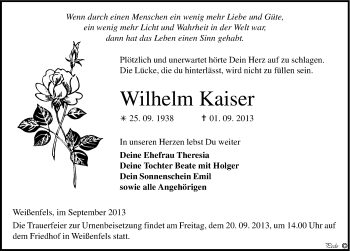 Traueranzeige von Wilhelm Kaiser von Mitteldeutsche Zeitung Weißenfels