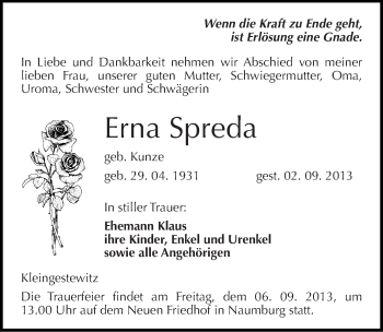 Traueranzeige von Erna Spreda von Mitteldeutsche Zeitung Naumburg/Nebra