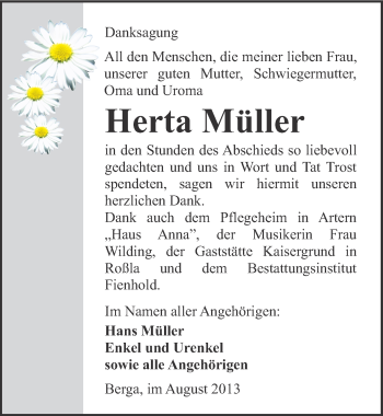 Traueranzeige von Herta Müller von Mitteldeutsche Zeitung Sangerhausen