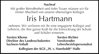 Traueranzeige von Iris Hartmann von Mitteldeutsche Zeitung Halle/Saalkreis