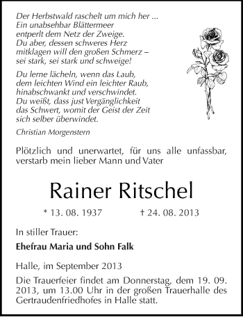Traueranzeige von Rainer Ritschel von Mitteldeutsche Zeitung Halle/Saalkreis
