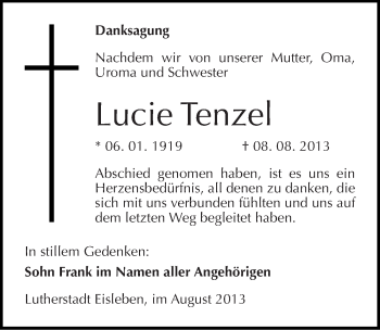 Traueranzeige von Lucie Tenzel von Mitteldeutsche Zeitung Mansfelder Land