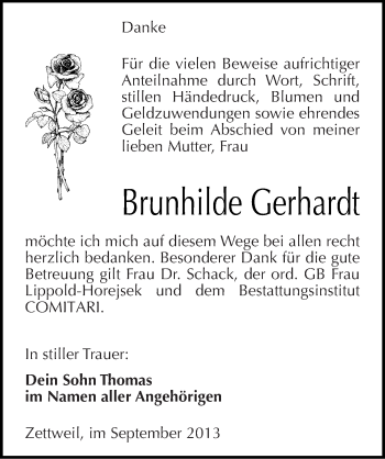 Traueranzeige von Brunhilde Gerhardt von Mitteldeutsche Zeitung Zeitz