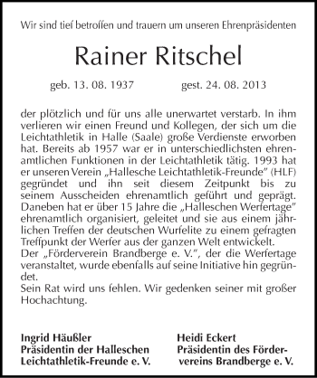 Traueranzeige von Rainer Ritschel von Mitteldeutsche Zeitung Halle/Saalkreis