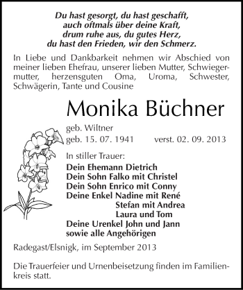 Traueranzeige von Monika Büchner von Mitteldeutsche Zeitung Köthen