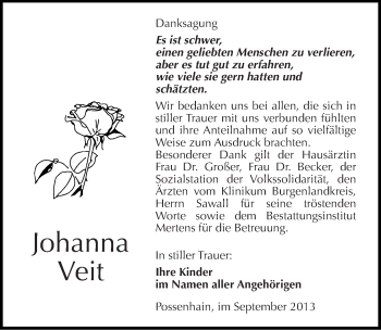 Traueranzeige von Johanna Veit von Mitteldeutsche Zeitung Naumburg/Nebra