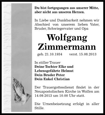 Traueranzeige von Wolfgang Zimmermann von Mitteldeutsche Zeitung Bitterfeld