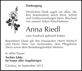 Traueranzeige von Anna Riedl von Mitteldeutsche Zeitung Naumburg/Nebra