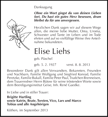 Traueranzeige von Elise Liehs von Mitteldeutsche Zeitung Köthen