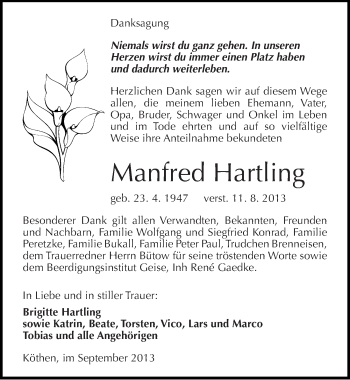 Traueranzeige von Manfred Hartling von Mitteldeutsche Zeitung Köthen