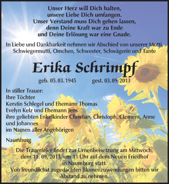 Traueranzeige von Erika Schrimpf von Mitteldeutsche Zeitung Naumburg/Nebra