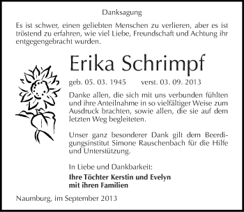 Traueranzeige von Erika Schrimpf von Mitteldeutsche Zeitung Naumburg/Nebra