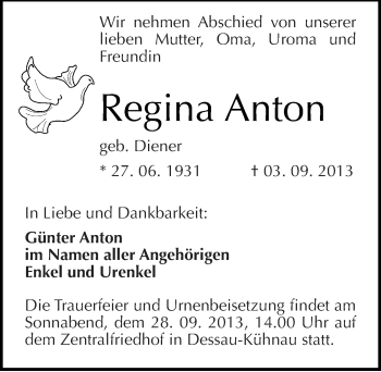 Traueranzeige von Regina Anton von Mitteldeutsche Zeitung Dessau-Roßlau