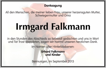 Traueranzeige von Irmgard Falkmann von Mitteldeutsche Zeitung Sangerhausen