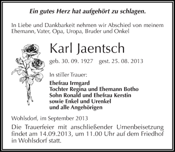 Traueranzeige von Karl Jaentsch von Mitteldeutsche Zeitung