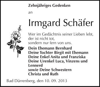 Traueranzeige von Irmgard Schäfer von Mitteldeutsche Zeitung Merseburg/Querfurt