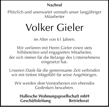Traueranzeige von Volker Gieler von Mitteldeutsche Zeitung Halle/Saalkreis