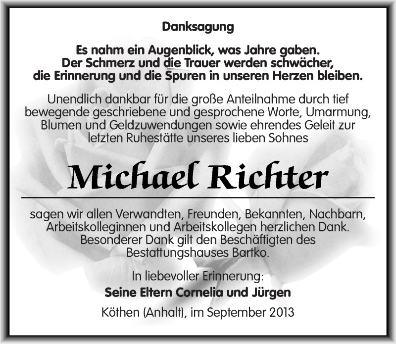  Traueranzeige für Michael Richter vom 06.09.2013 aus Mitteldeutsche Zeitung Köthen