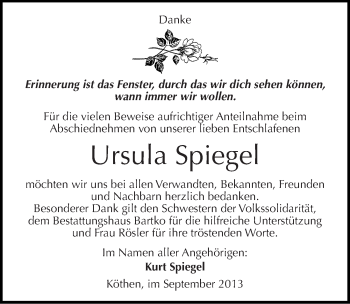 Traueranzeige von Ursula Spiegel von Mitteldeutsche Zeitung Köthen