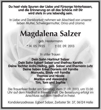 Traueranzeige von Magdalena Salzer von Mitteldeutsche Zeitung Mansfelder Land