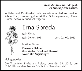 Traueranzeige von Erna Spreda von Mitteldeutsche Zeitung Naumburg/Nebra